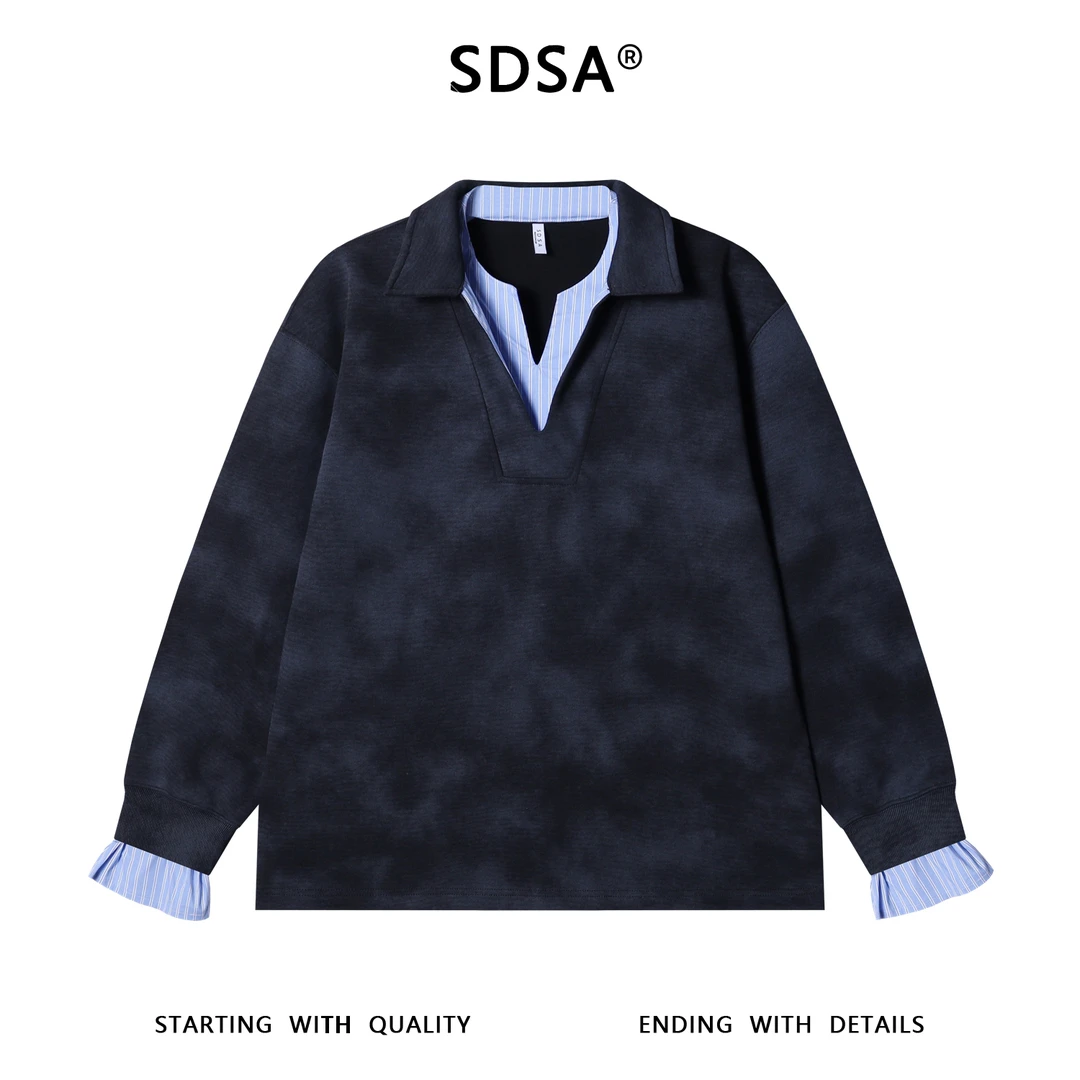 SDSA男士秋冬新款痞帅男装复古拼接翻领假两件卫衣百搭时尚上衣