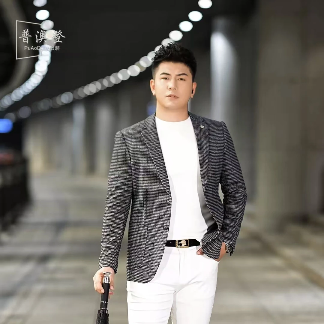 2025男士西服秋季新款轻奢时尚百搭休闲经典格纹韩版修身西装外套