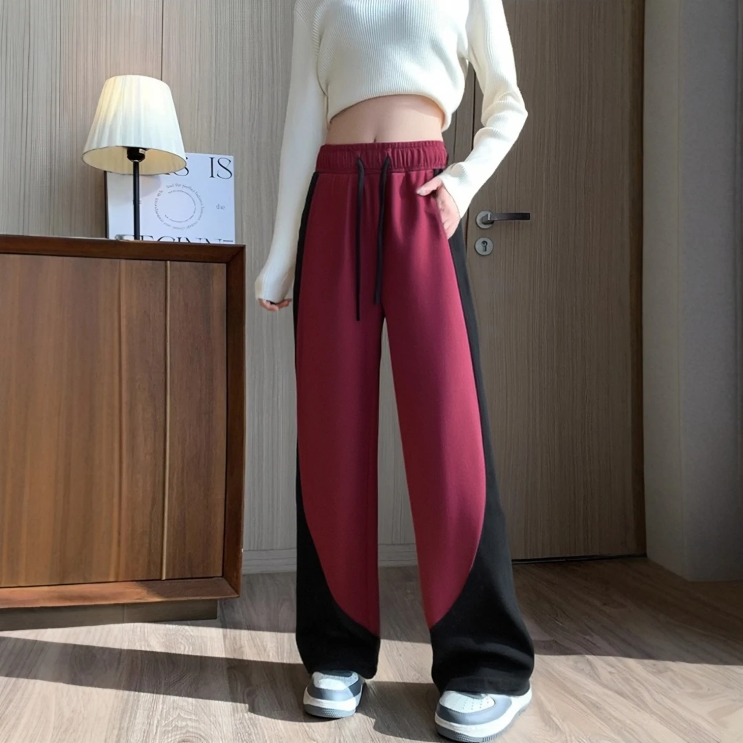 酒红色拼色撞色香蕉弯刀裤女春秋显瘦美式高街设计感卫裤阔腿长裤