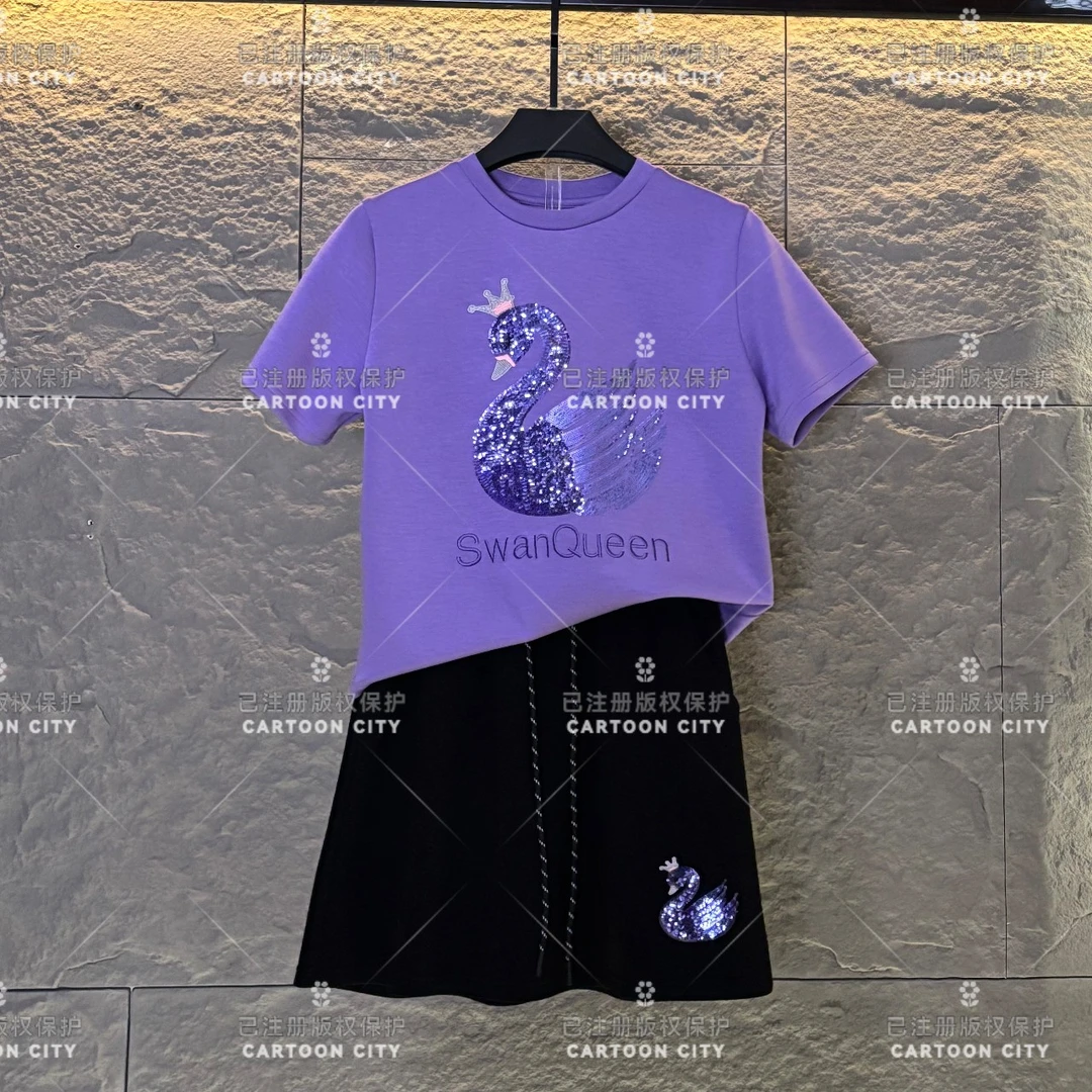 编码6WMA-A149<减龄系列>丨<紫色天鹅>宽松夏季T恤短裙显瘦套装