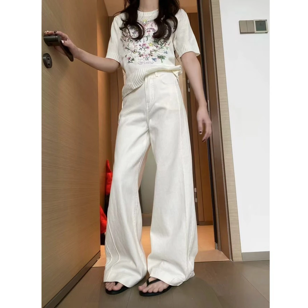 白色高腰阔腿微喇牛仔裤女2025秋季新款休闲宽松显瘦垂感拖地裤子