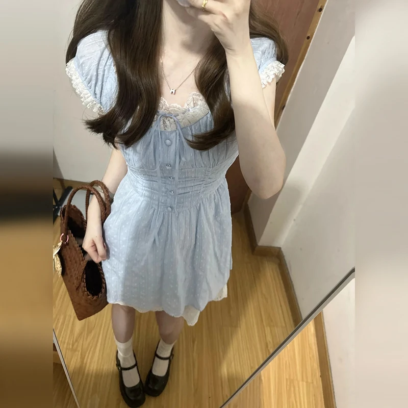 3520小个子甜美蕾丝泡泡袖连衣裙女夏季2024新款修身显瘦法式短裙
