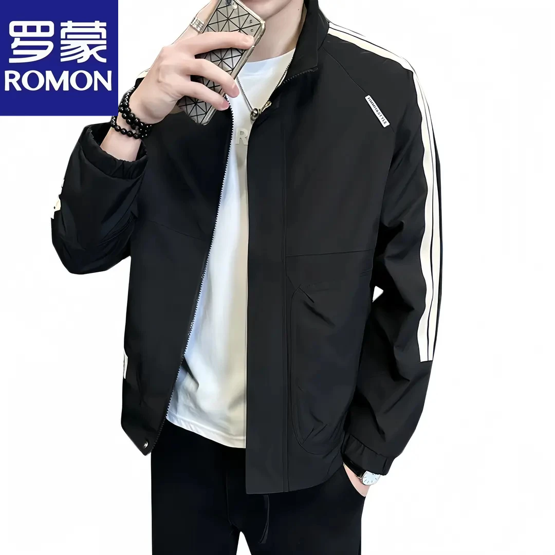 罗蒙薄款外套男春秋新款立领条纹潮牌痞帅休闲衣服夹克男潮