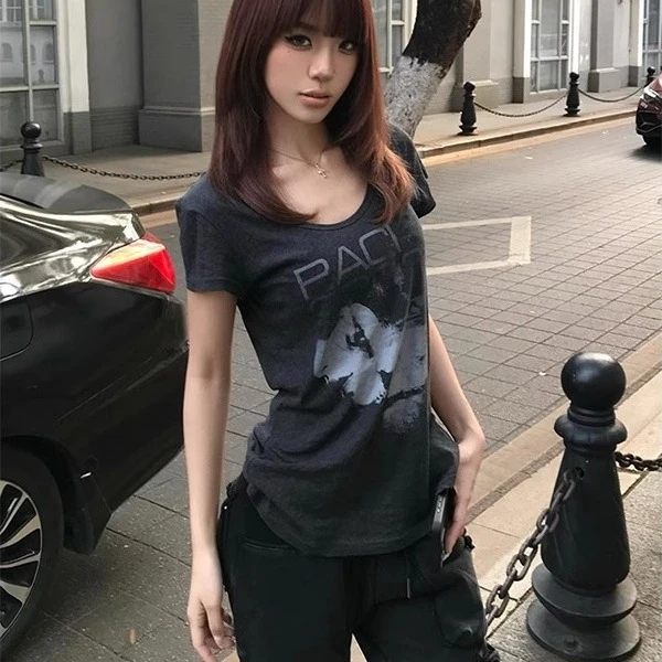 【全额运补】美式复古大领口t恤女夏季穿搭人像印花灰色短袖高街