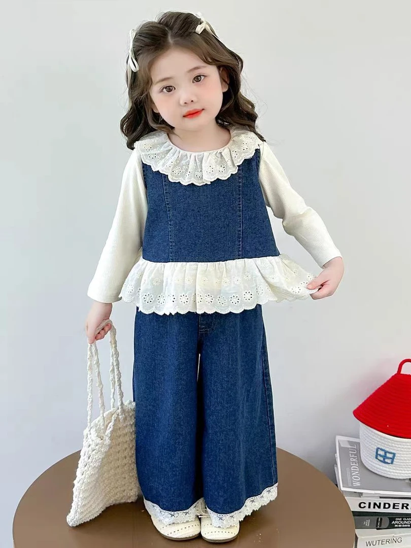 女童洋气花边牛仔套装春秋季2025新款儿童韩版时髦秋装宝宝三件套