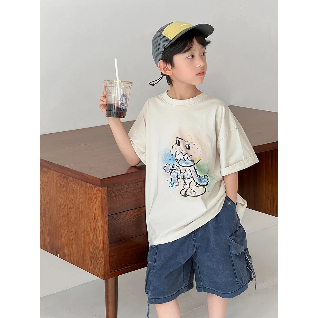 Q【派町现货】夏装儿童韩版卡通恐龙印花休闲宽松圆领短袖T恤CC1077