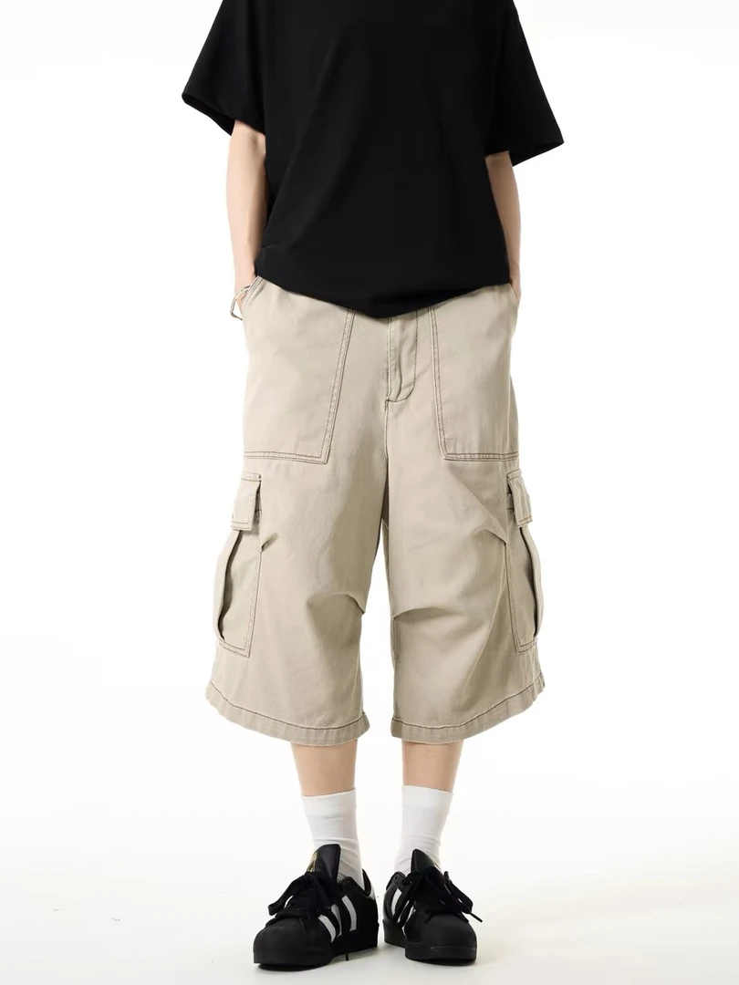 美式复古工装多口袋七分裤子男2025夏季新款潮牌宽松直筒休闲短裤