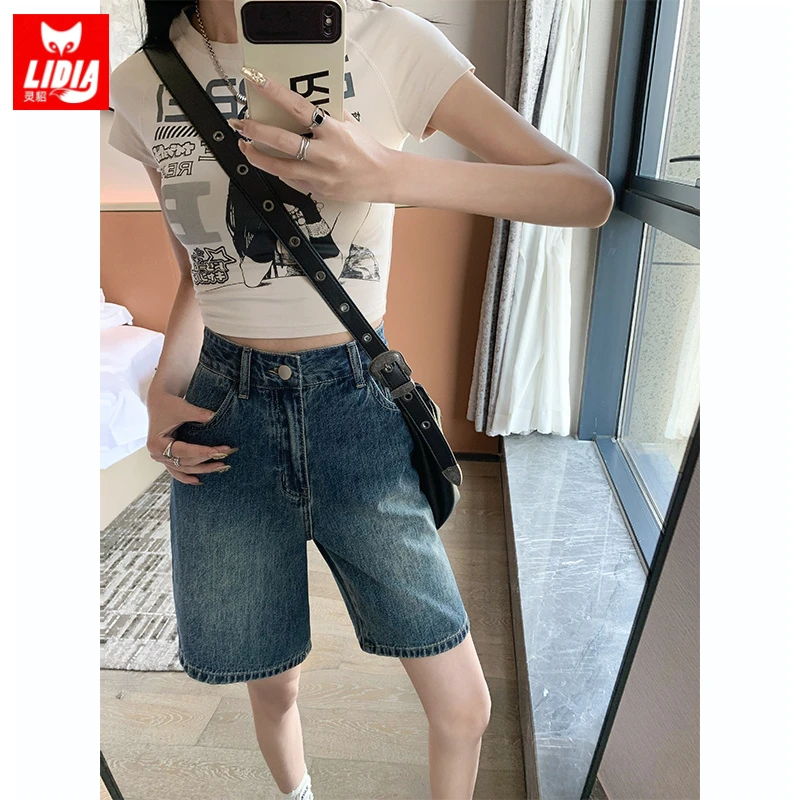 复古蓝牛仔短裤女爆款2025年夏季薄款五分裤直筒宽松高腰显瘦中裤