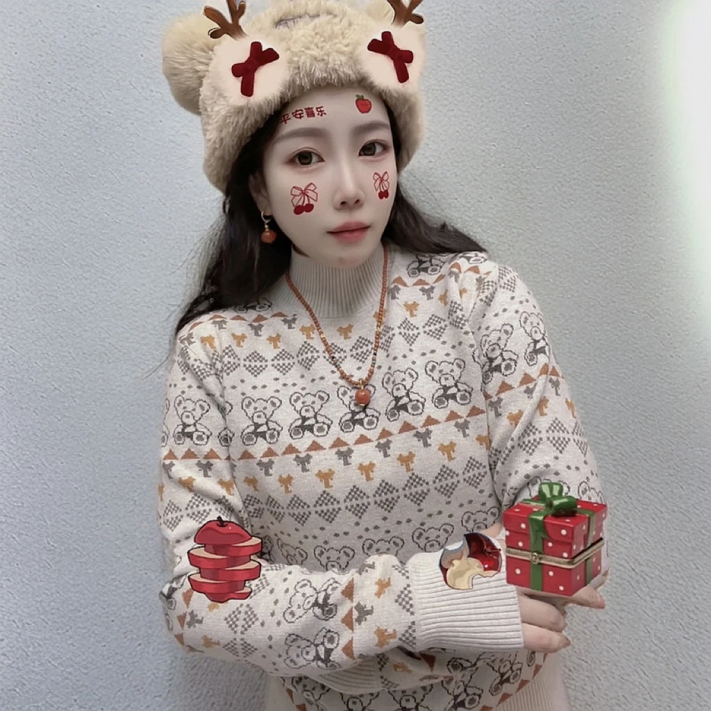 A33款立领熊熊图型细线莫兰迪绒羊毛混纺保暖套头毛衣