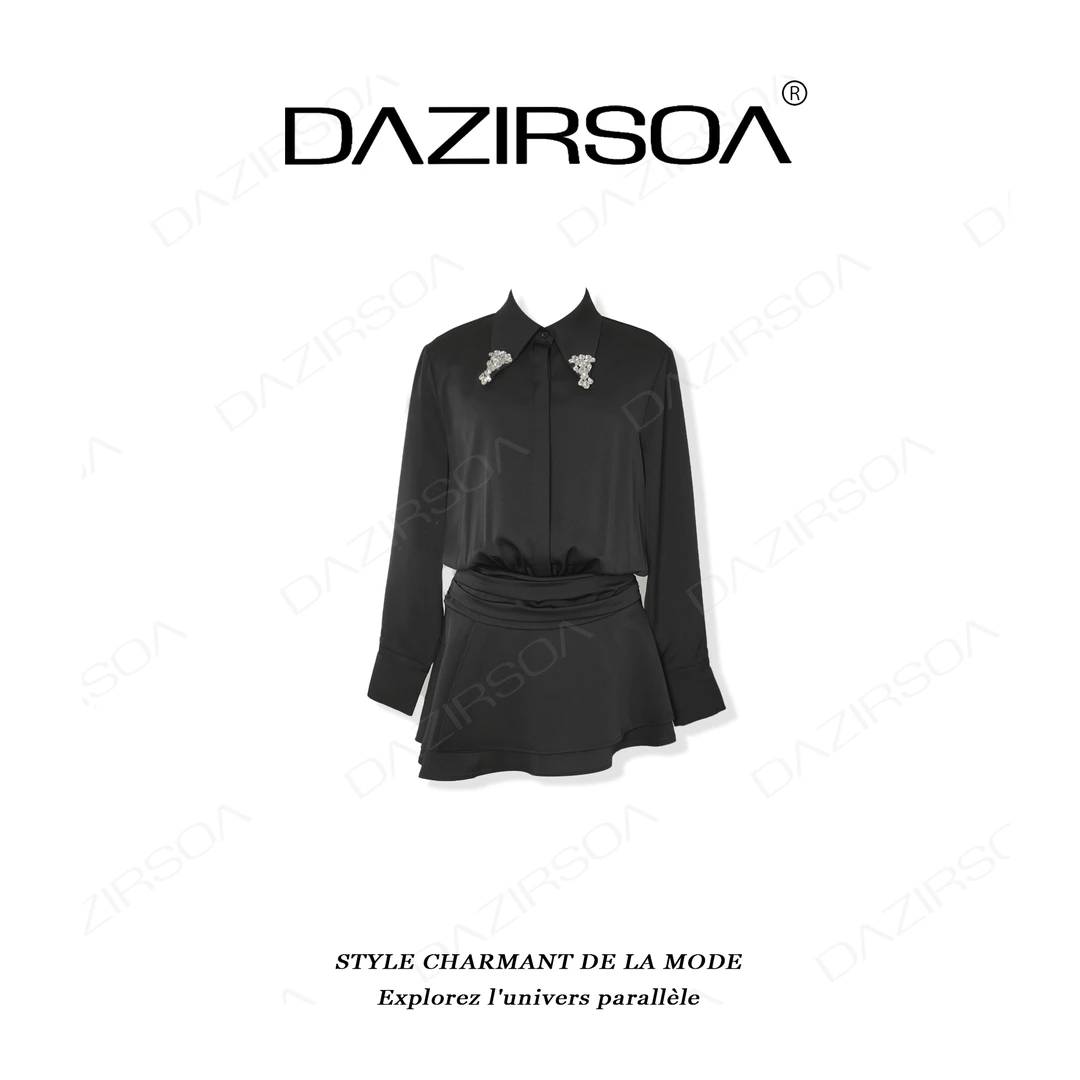 DAZIRSOA/达姿“高光昼夜”时尚百搭拼接烫钻不规则洋气衬衫裙 W819