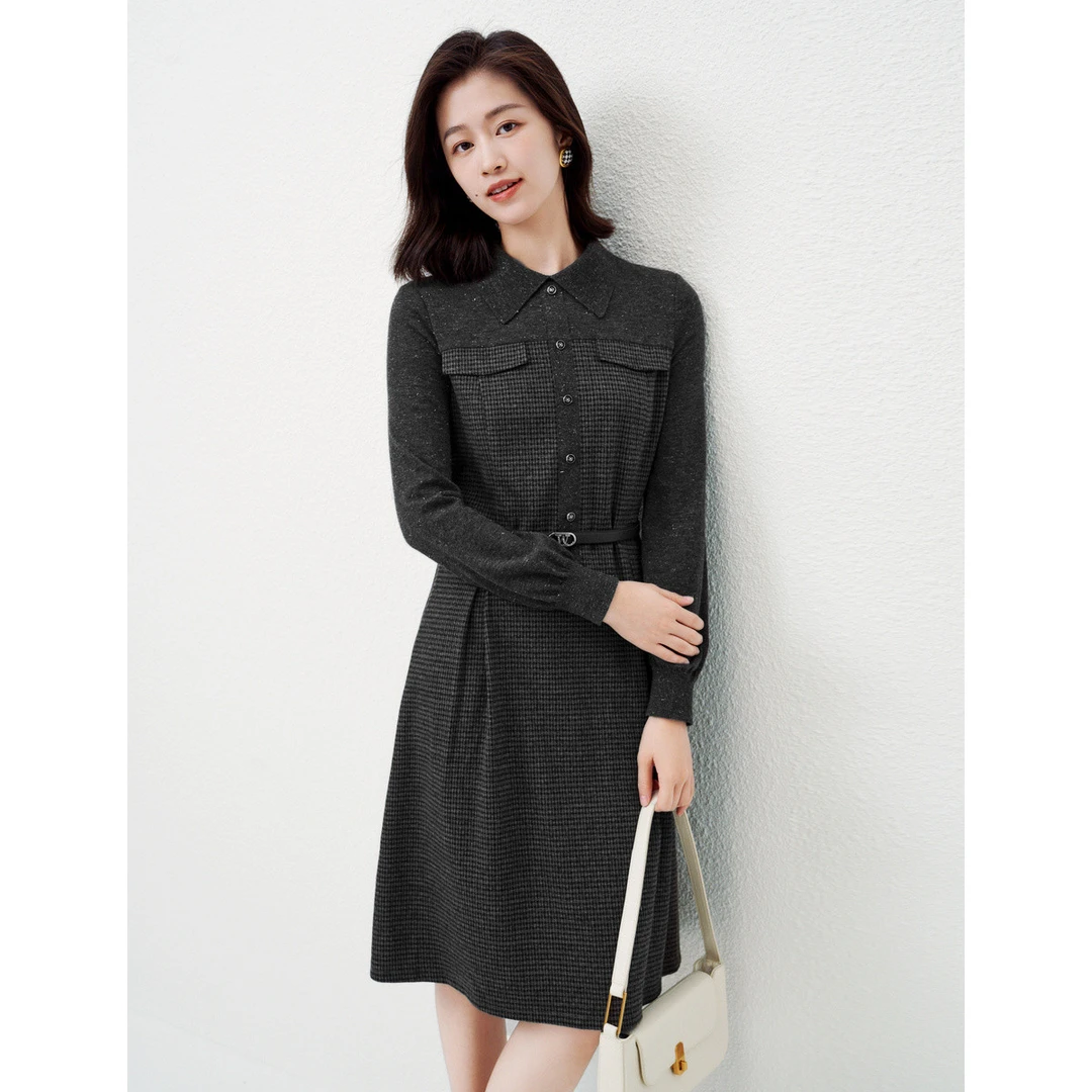 【众心专享价】修身中长款格纹撞色高级感衬衫裙连衣裙EF03002X2