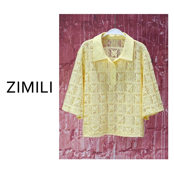 【亮哥女装】欧货小众茉莉黄蕾丝镂空休闲翻领短袖短袖衫9523