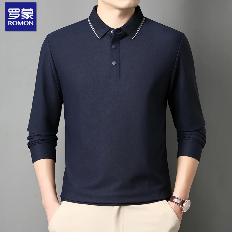 罗蒙秋季新款高档男士长袖polo衫休闲纯色宽松翻领百搭桑蚕丝体恤