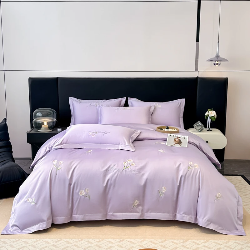 新款全棉刺绣床单四件套纯色家用保暖床上用品好看时尚四季款棉