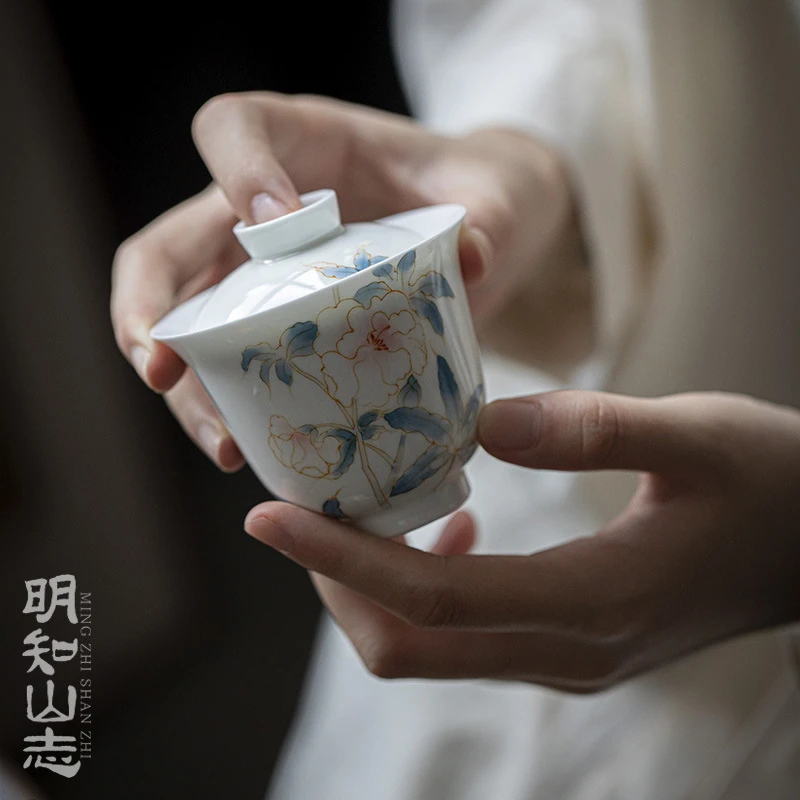 明知山志 玉泥金线牡丹铃铛盖碗 手绘薄胎文人器茶碗功夫茶具盖碗