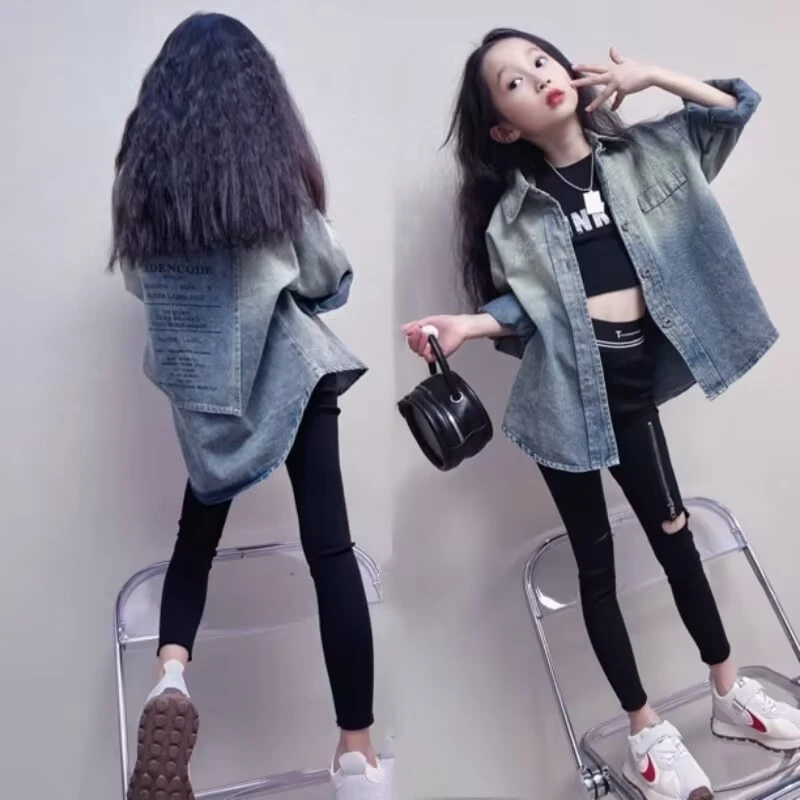 女童牛仔衬衫2025春季新款薄款外套中大童韩版宽松休闲套装中长款