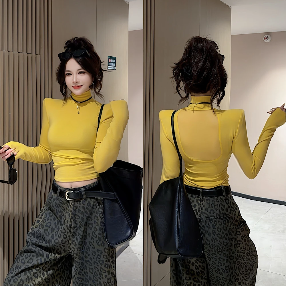 【CCDZ】早秋新品时尚设计感韩系百搭显瘦后网纱露背高领上衣女