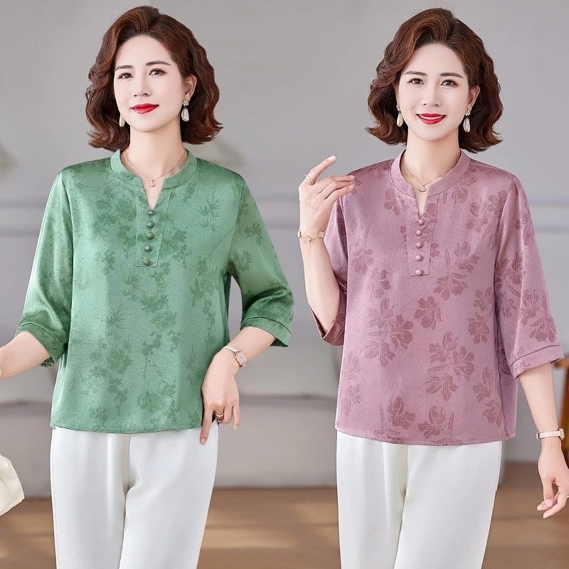 中老年女装半袖上衣宽松妈妈富太太夏季V领T恤小衫百搭中袖洋气