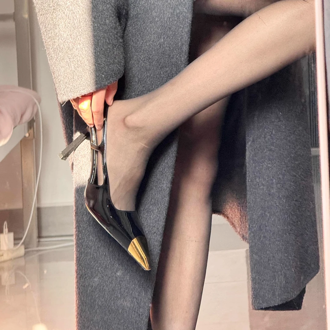 杨树林同款包头凉鞋黑色漆皮高跟鞋金属细跟尖头性感夜店气质女鞋