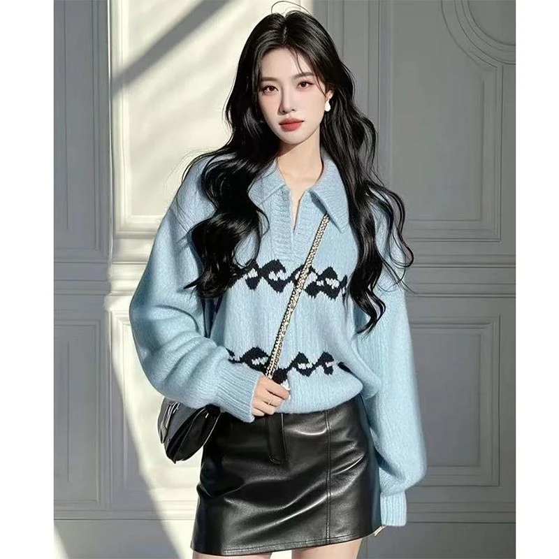 高级感宽松polo领针织衫女2025年春季新款韩系休闲慵懒风毛衣上衣