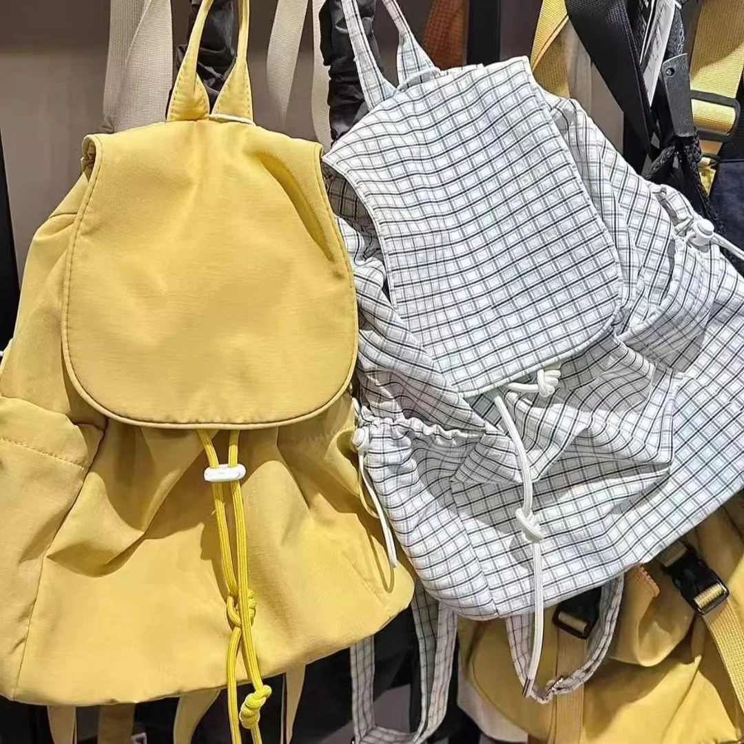 韩系ins轻便尼龙格纹双肩包2025新款大容量慵懒风百搭抽绳托特包