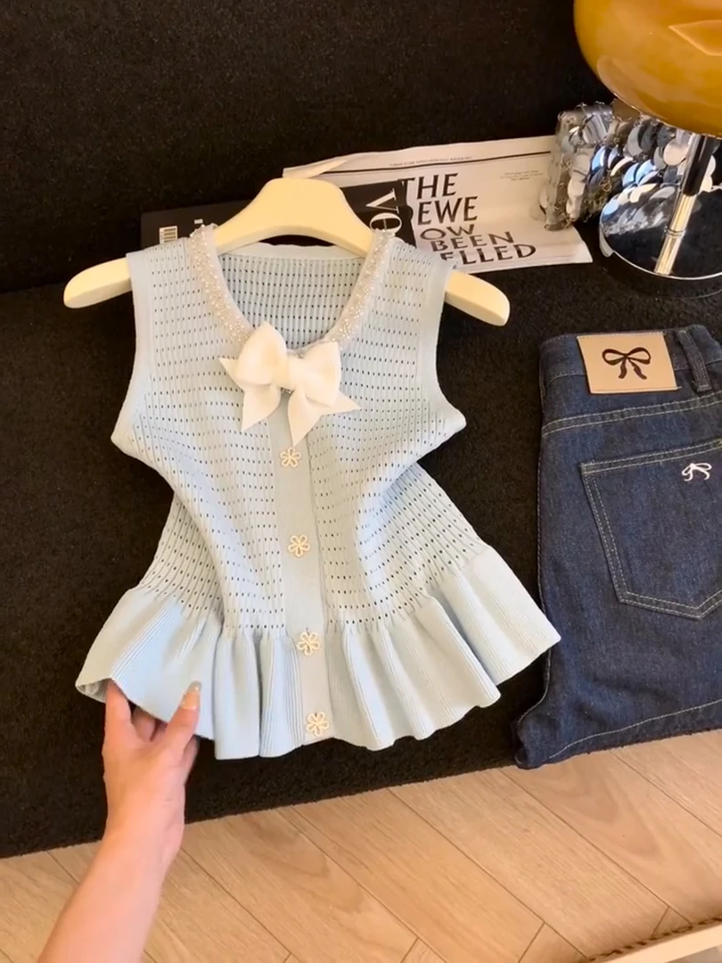 2025新款甜辣千金风修身蝴蝶结无袖背心女纯欲百搭少女风镂空小衫