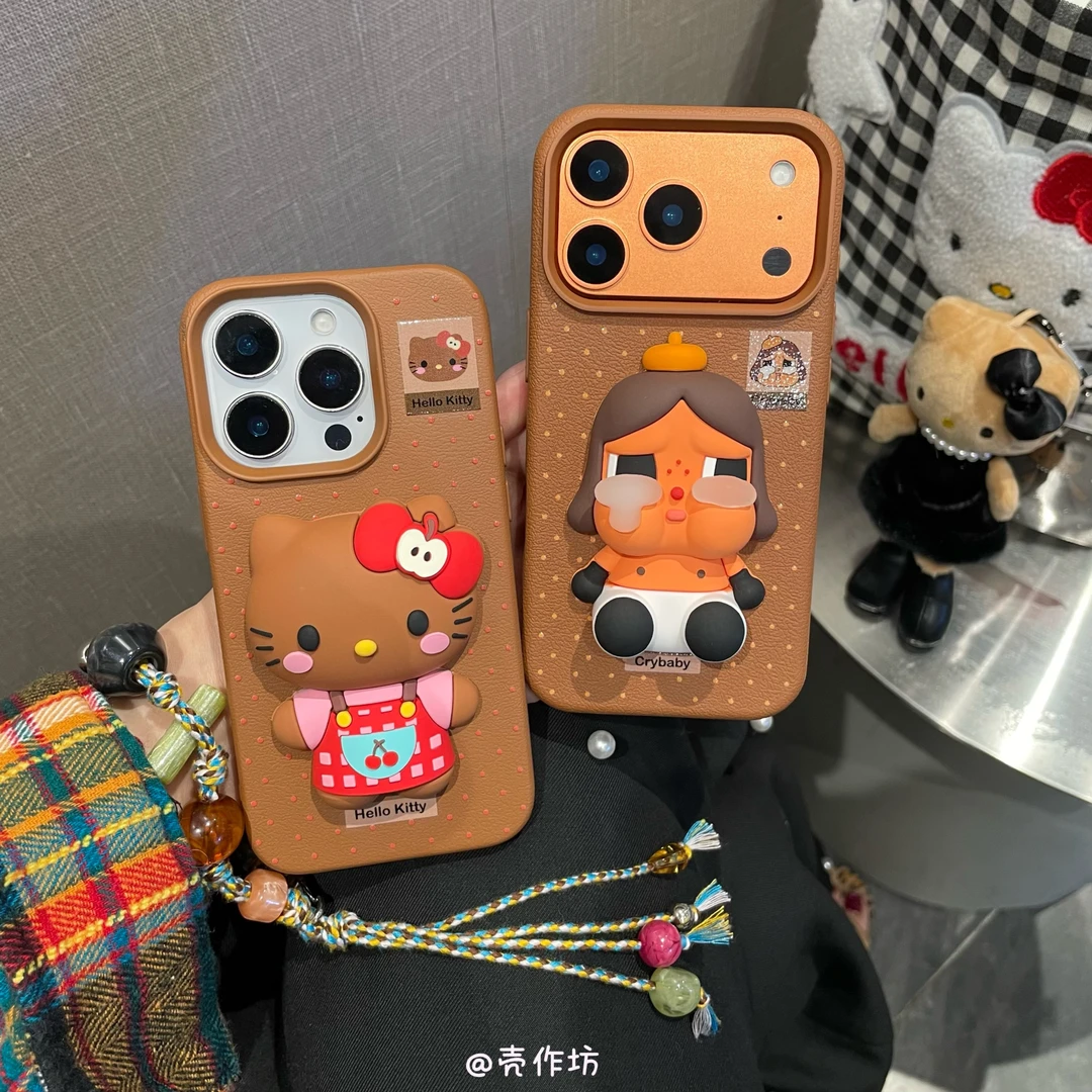 可爱卡通哭娃kt猫适用苹果iPhone17promax/16pro/15/14皮纹软壳