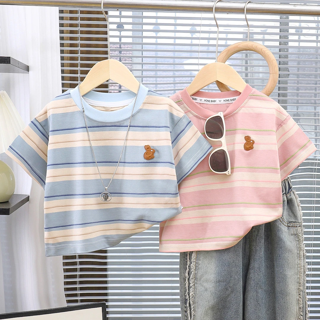 【夏季热款】2025新款儿童条纹短袖上衣时尚百搭韩版简约潮流宽松