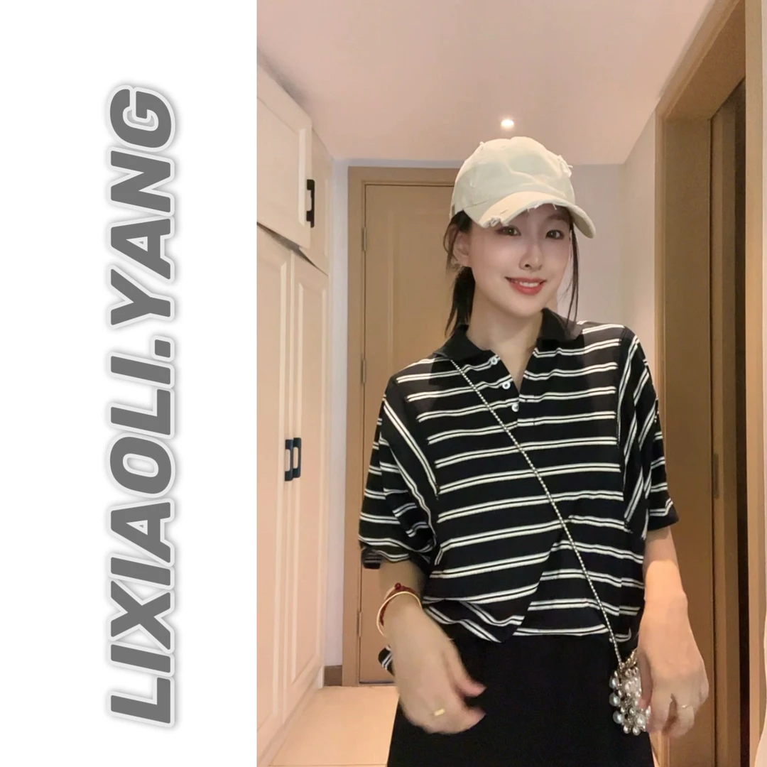 【钢琴键】黑白条绣花polo衫宽松休闲显瘦条纹上衣短袖