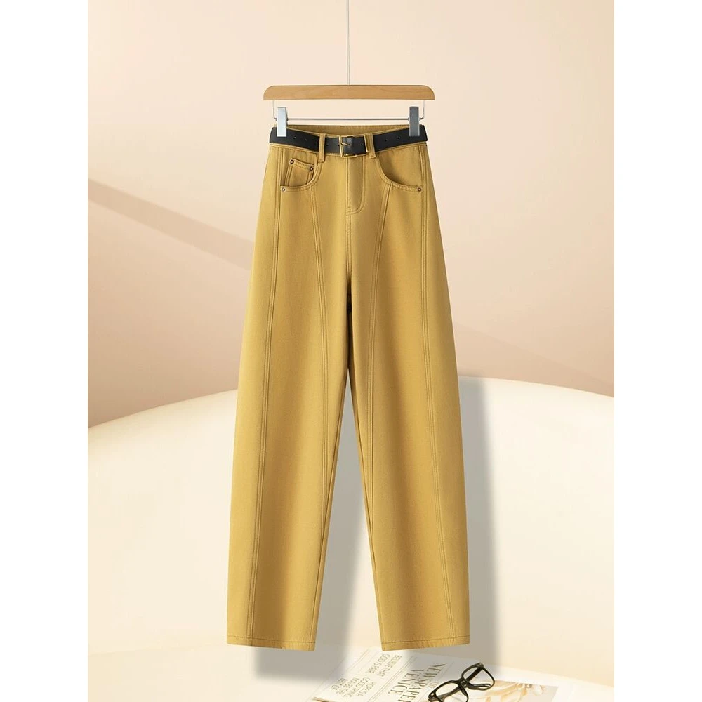 黄色窄版弯刀阔腿牛仔裤女2025春秋冬加绒新款高腰显瘦直筒香蕉裤