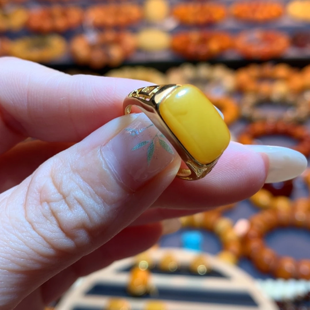 【闪购商品】银S925镀金镶嵌蜜蜡戒指蜜蜡戒指