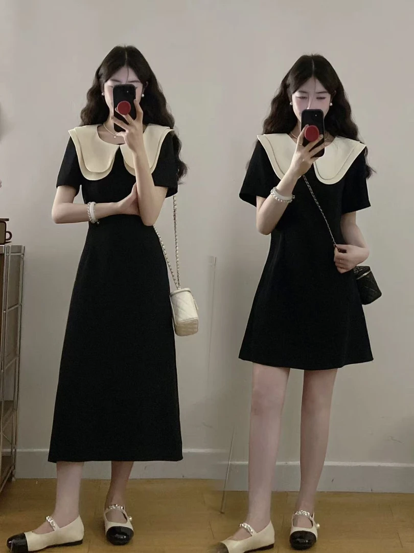 （现货）撞色娃娃领甜美黑色连衣裙夏季大码洋气显瘦小黑裙1142