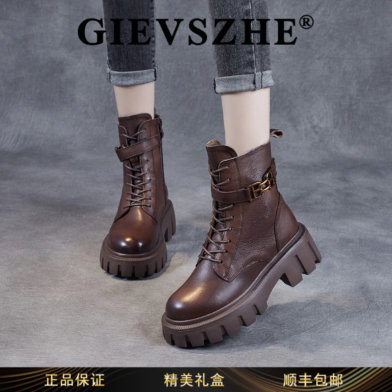 纪诗哲厚底英伦风马丁靴女2025秋冬新款真皮高跟短靴复古搭扣靴子