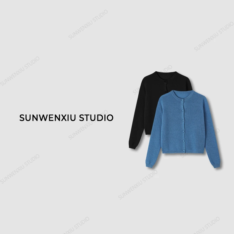 swx studio5店 “海盐开衫”100%羊毛秋纯色冬布包扣圆领毛衣开衫