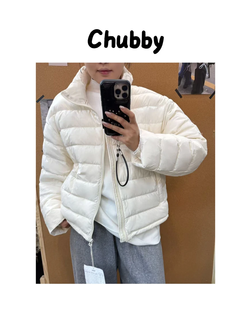 【7051】韩系大码轻薄短款羽绒服女冬2025新款立领面包服白鸭绒外套