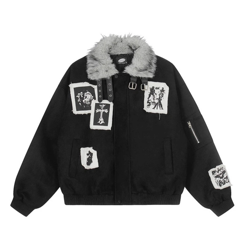 美式复古贴布补丁座山雕毛领棉服外套男女冬新款宽松加厚加绒夹克