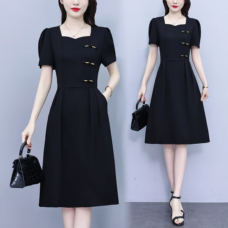 2025夏季新款大码女装中式盘扣方领时尚赫本风黑色连衣裙