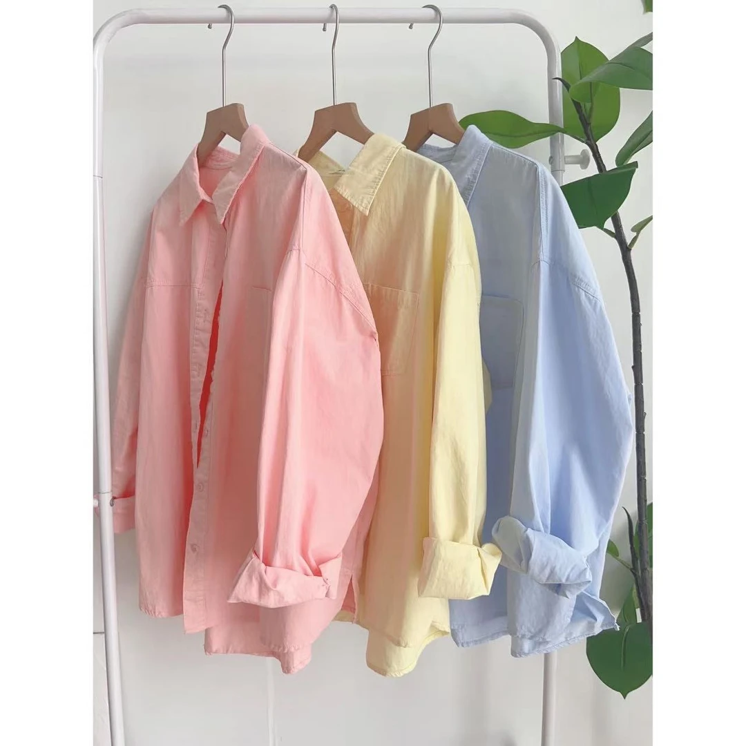 100%纯棉正肩浅蓝色衬衫春秋内搭叠穿长袖上衣休闲情侣款外套开衫