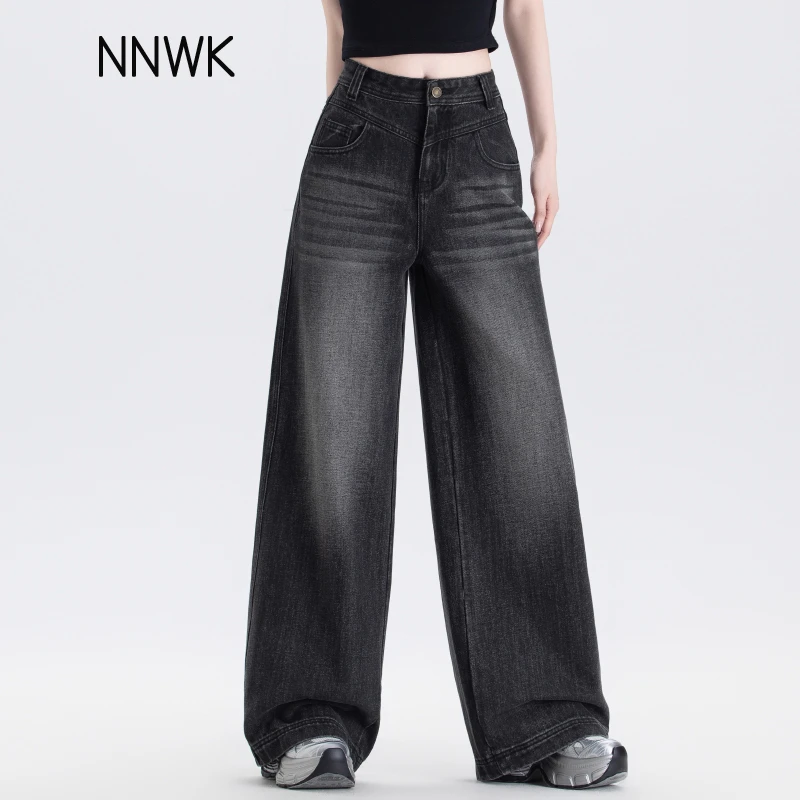 复古黑灰色牛仔阔腿裤女2025春秋新款时尚潮流宽松直筒裤高腰长裤