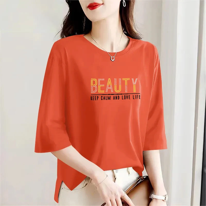 纯棉大码圆领宽松显瘦上衣女士文艺百搭打底衫夏季新款七分袖T恤