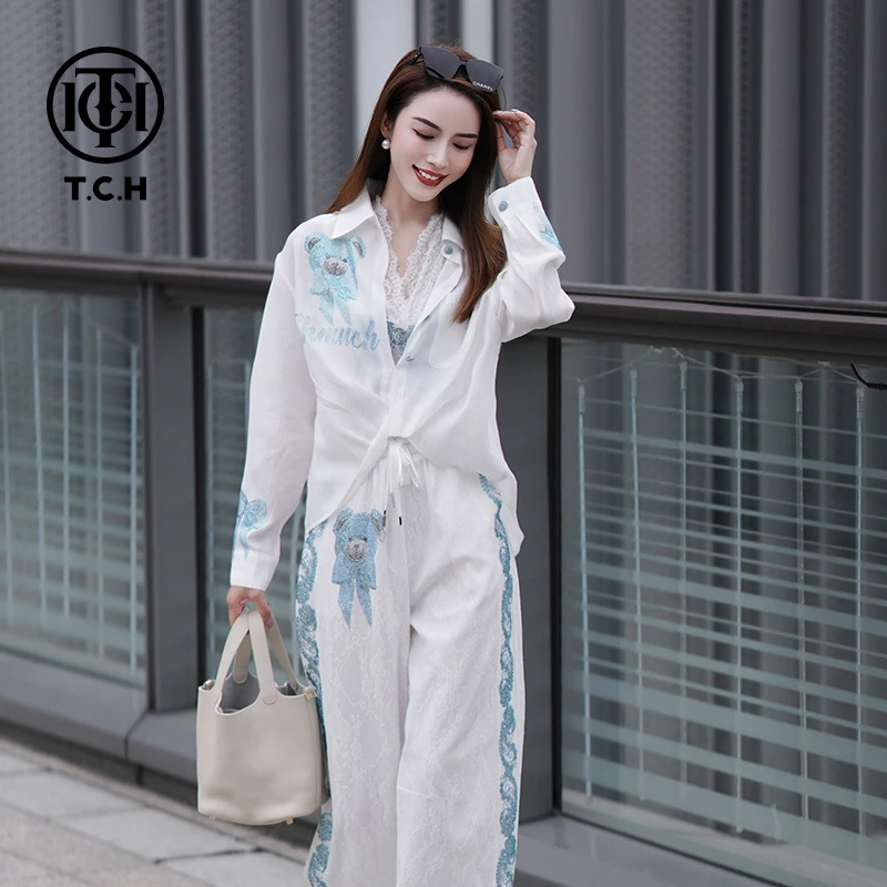 TCH烫钻工艺百搭时尚休闲白色蕾丝衬衫女T75A07E5017轻奢cth