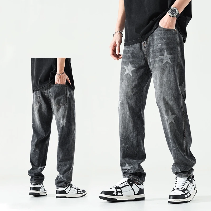 美式牛仔裤男士潮牌星星印花直筒宽松休闲长裤夏季复古哈伦裤子男