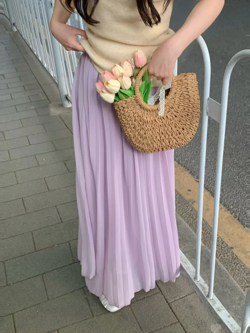 6127# 松紧腰长款百褶裙女气质温柔垂感大摆半身裙⒉