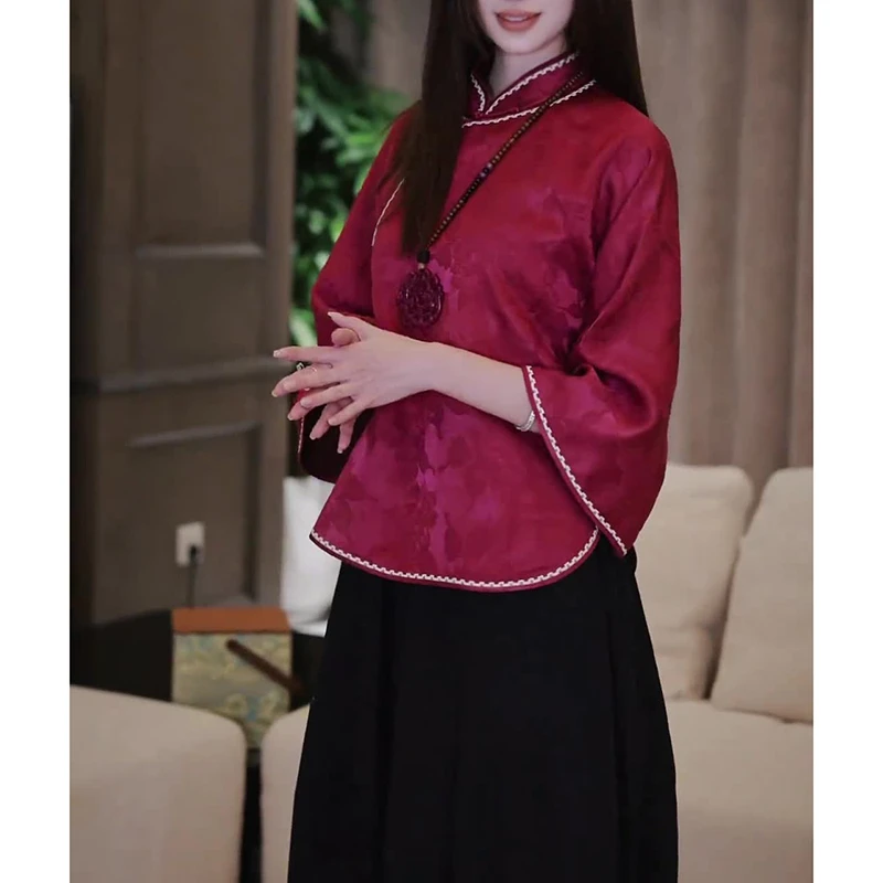新中式国风女装盘扣上衣2025春秋新款高级感复古新年红色打底小衫