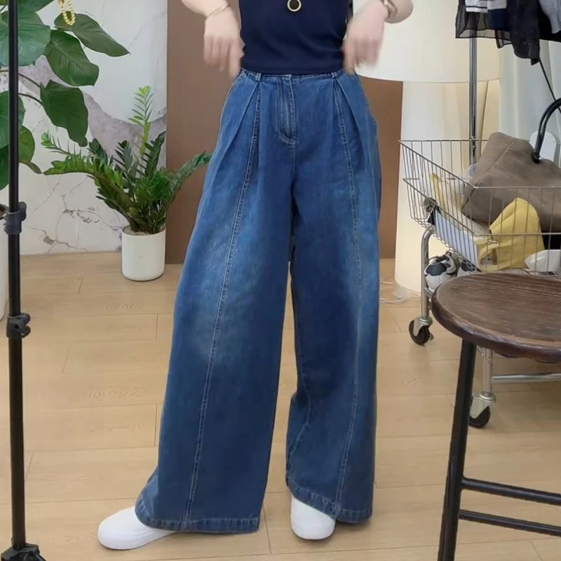 2025韩版百搭修身时尚复古港风松紧腰阔腿直筒牛仔裤LK2505370
