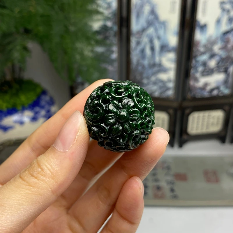 老料满绿辣色太阳花镂空圆珠吊坠花件 天然翡翠A货
