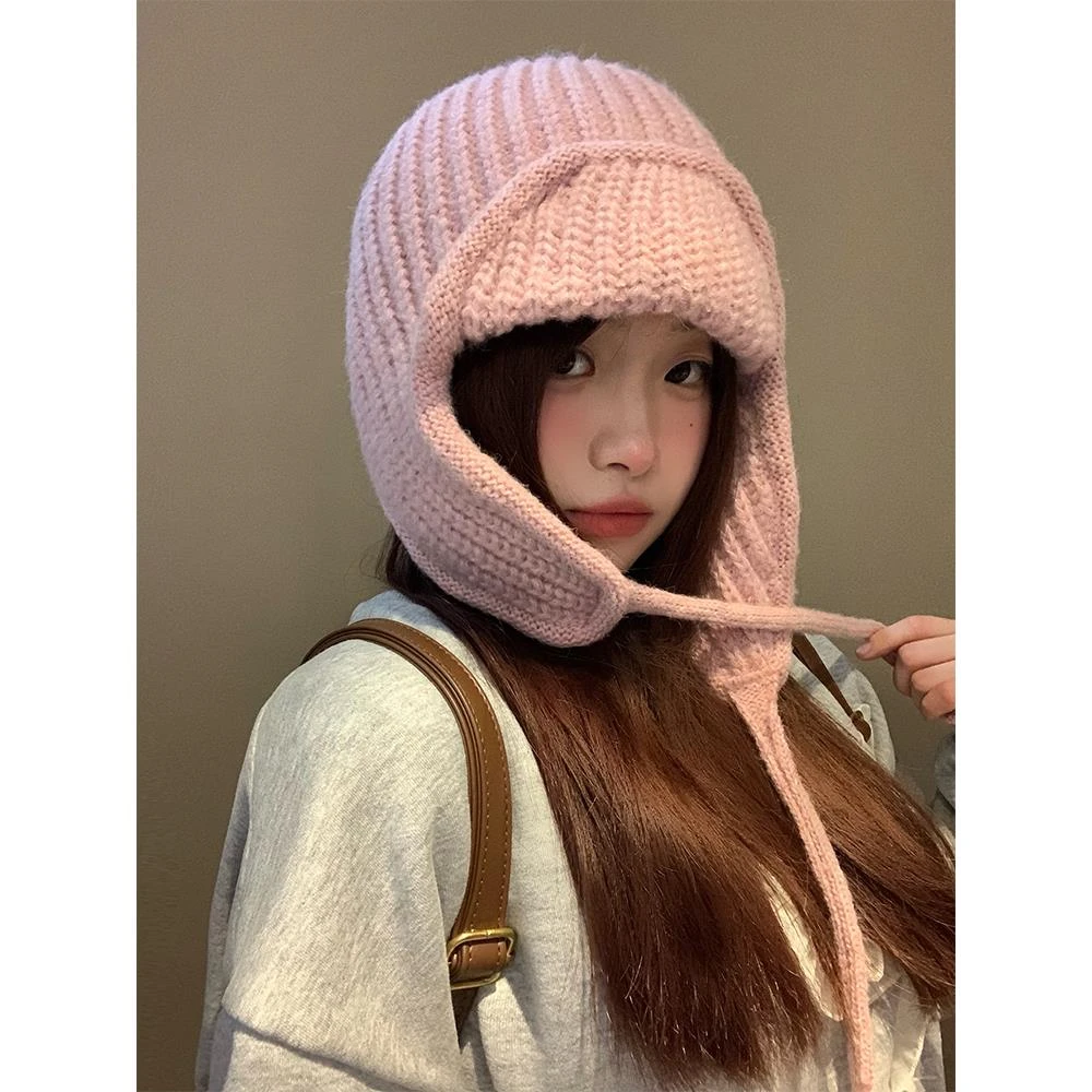 粉色针织毛线帽女2024秋冬护耳飞行帽保暖百搭显脸小滑雪雷锋帽子