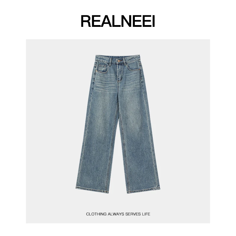 REALNEE【漫游者】99棉 新款牛仔裤高腰直筒拖地长裤百搭显瘦68852