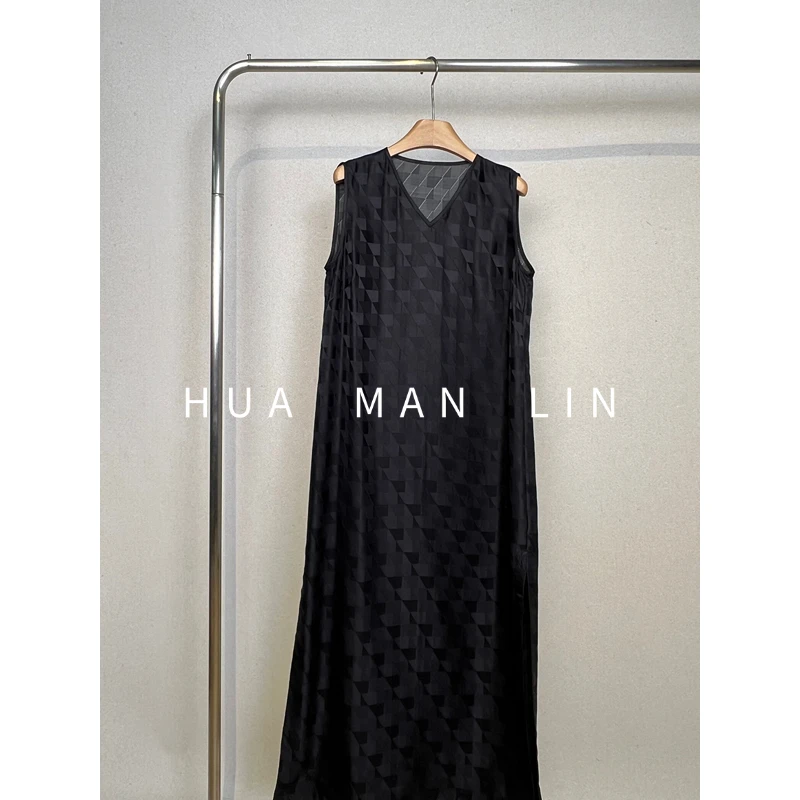 【花满林】V领菱格桑波缎真丝桑蚕丝背心连衣裙255764