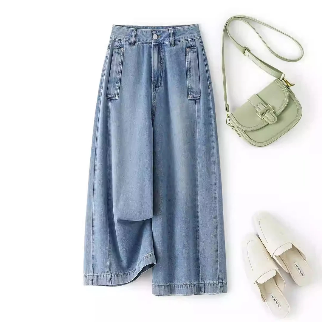 阔腿七分牛仔裤女夏季薄款2025新款高腰松弛感慵懒风直筒五分中裤